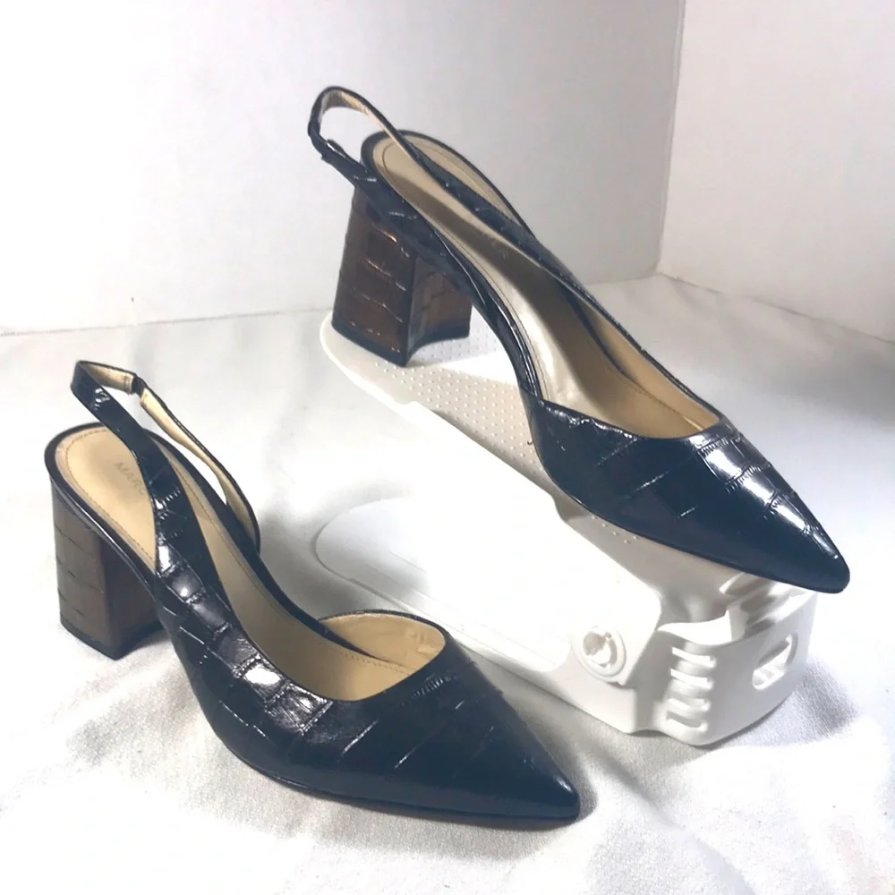 Marc Fisher Women’s Black and Copper Reptile Print Blocked Heel Slingback Shoes